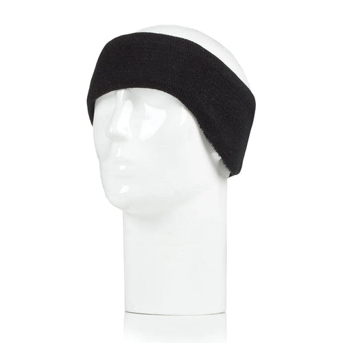 Black headband on a white mannequin head against a white background