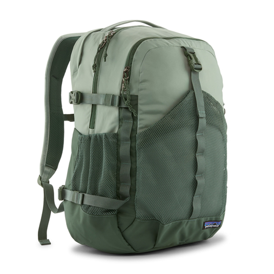Green backpack with Patagonia logo on a white background