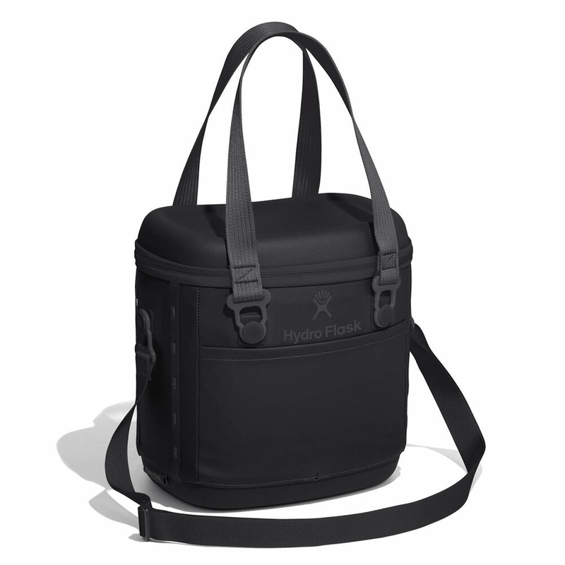 Load image into Gallery viewer, Black cooler bag with shoulder strap on a white background
