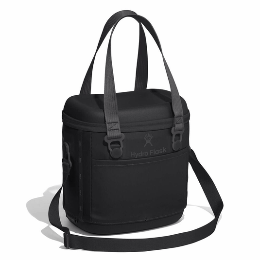 Black cooler bag with shoulder strap on a white background