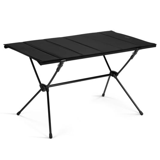 Black folding camping table on a white background