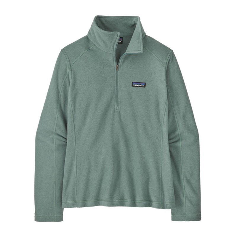 Load image into Gallery viewer, A sage green Patagonia quarter-zip pullover fleece with a stand-up collar and the brand's logo patch on the left chest, displayed against a solid white background.
