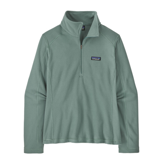 A sage green Patagonia quarter-zip pullover fleece with a stand-up collar and the brand's logo patch on the left chest, displayed against a solid white background.