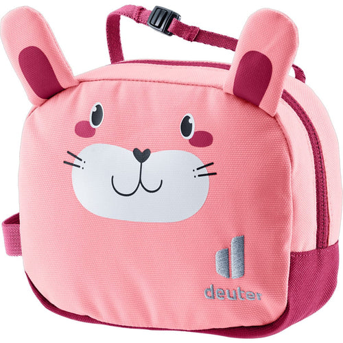Pink children's backpack with bunny ears and face design on a white background