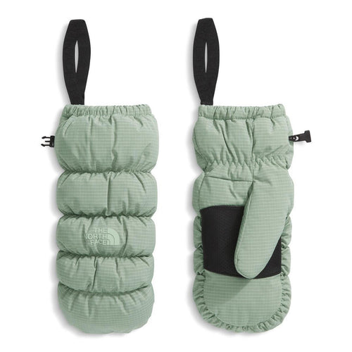 Green mittens with black accents on a white background