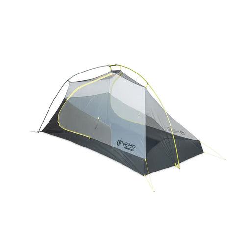 Gray camping tent with yellow accents on a white background, featuring the Nemo brand.