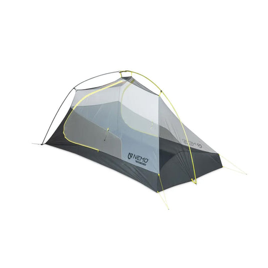 Gray camping tent with yellow accents on a white background, featuring the Nemo brand.