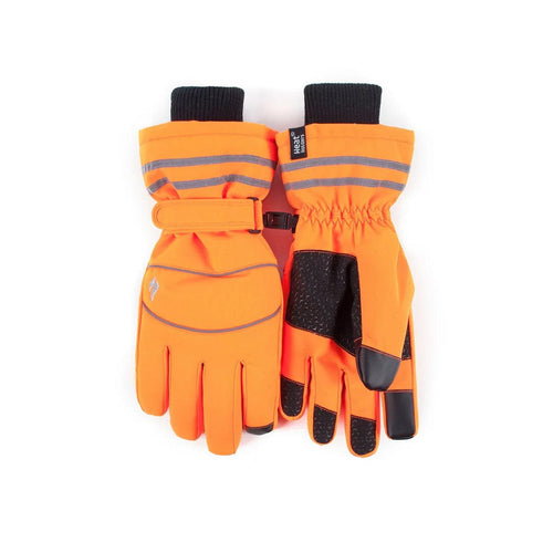 Pair of orange gloves with reflective stripes on a white background