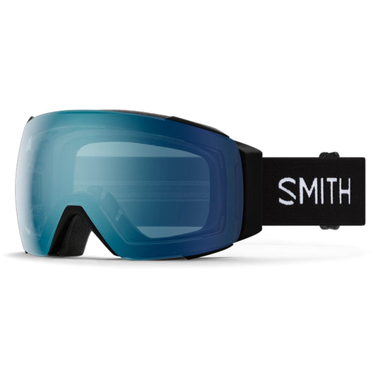 Blue ski goggles with black strap featuring 'Smith' logo on a white background