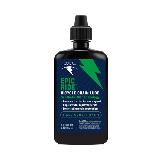 Bottle of White Lightning Epic Ride Bicycle Chain Lube on a white background