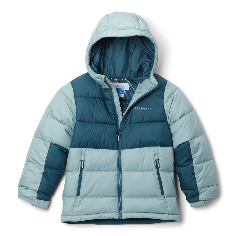 Load image into Gallery viewer, Children&#39;s puffer jacket with a hood in blue and gray on a white background
