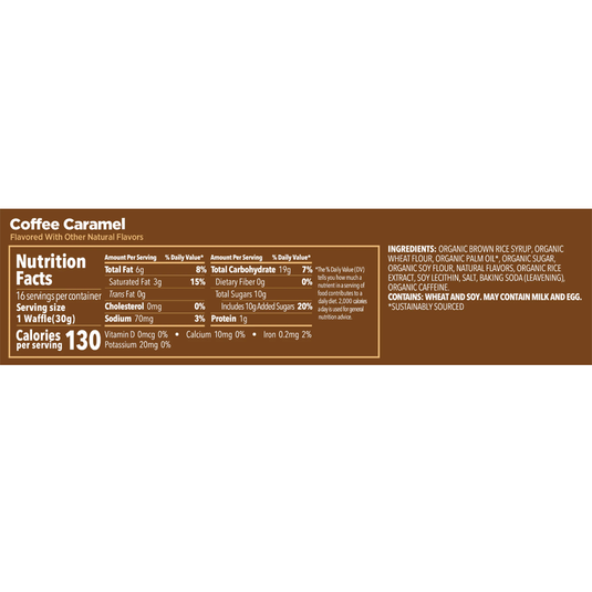 A coffee caramel flavor nutrition facts label on a white background, showing calories, nutrients, ingredients, and serving information.