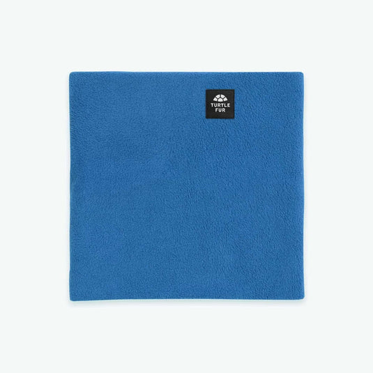 Blue neck gaiter with a brand logo on a white background