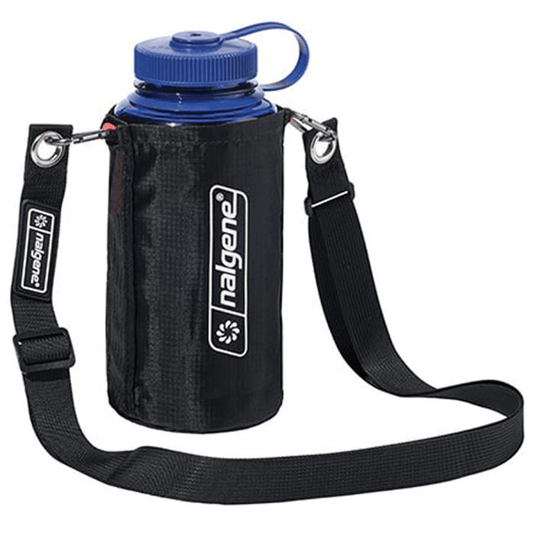 Nalgene water bottle with black carrying case and blue lid on a white background
