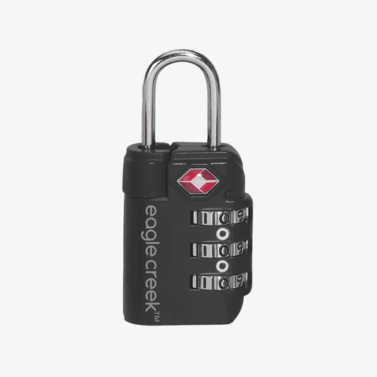 Black combination lock with silver shackle on a white background, featuring the Eagle Creek logo.