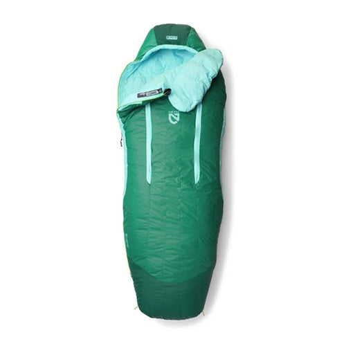 Green sleeping bag with a hood on a white background
