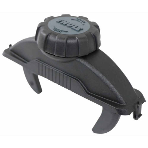 Gray plastic tool with a textured handle on a white background