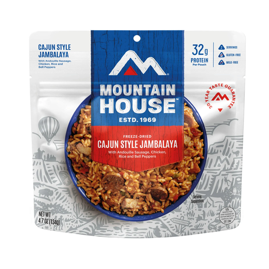 Mountain House Cajun Style Jambalaya freeze-dried meal packaging on a white background
