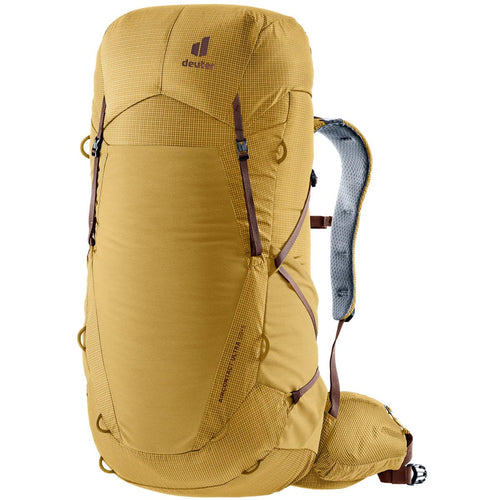 Yellow hiking backpack with visible brand logo on a white background