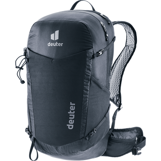 Black Deuter backpack on a white background