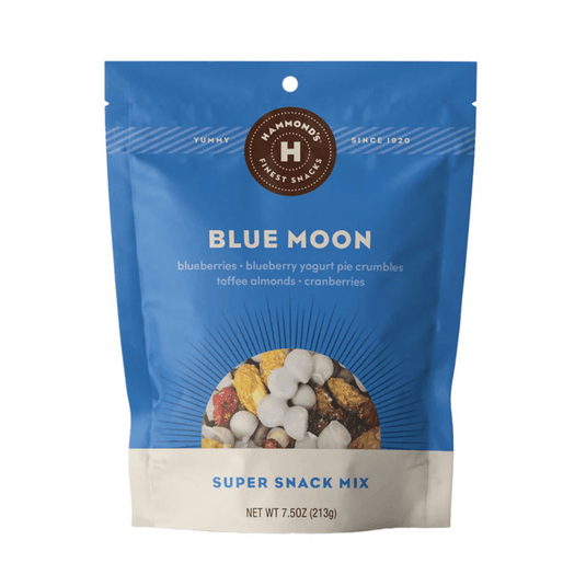 Blue Moon super snack mix package with colorful ingredients on a white background