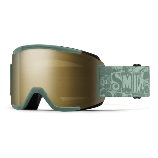 Green ski goggles with a reflective lens on a white background
