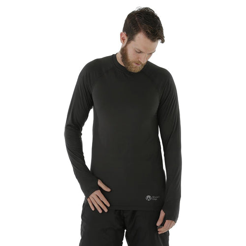 Man wearing a black long-sleeve shirt on a white background