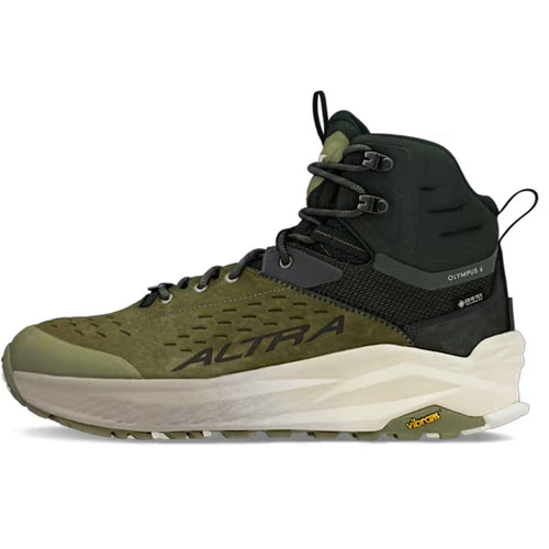 Green and black hiking boot with 'Altra' branding on a white background