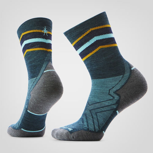 Pair of blue and gray socks with striped pattern on a light gray background