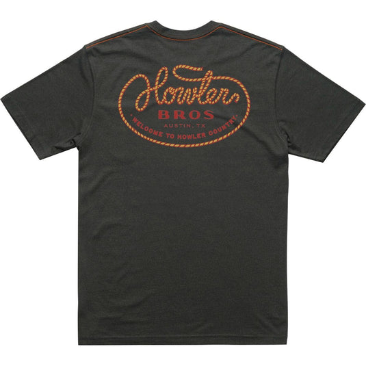 Black t-shirt with orange and red text on the back on a white background