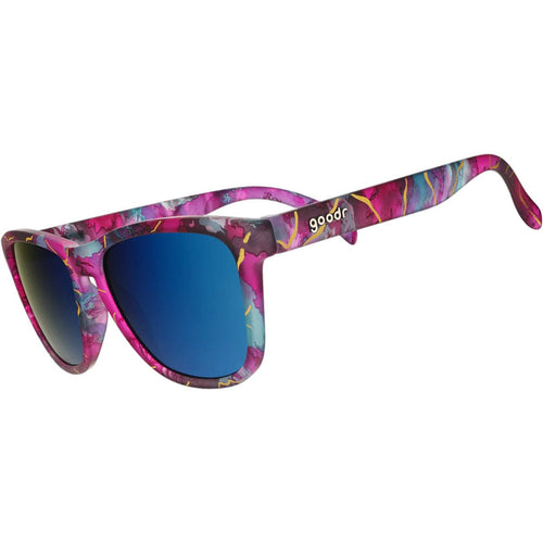 Sunglasses with a colorful frame and blue lenses on a white background