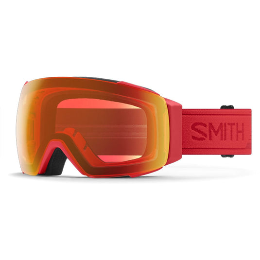 Red goggles with a visible 'Smith' logo on a white background