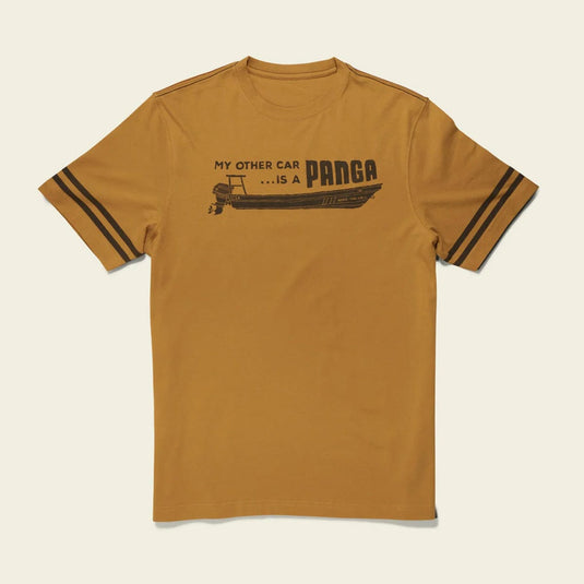 Brown t-shirt with black text and graphics on a beige background