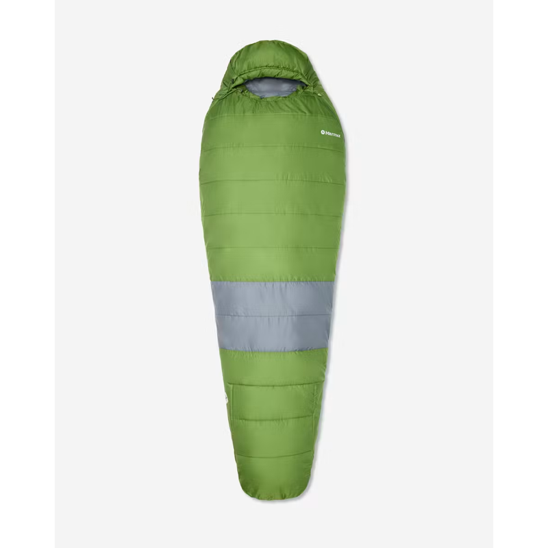 Load image into Gallery viewer, A green mummy-style sleeping bag with a horizontal gray reflective stripe across the middle, shown against a light gray background.
