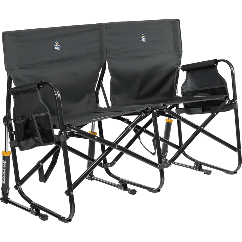 Load image into Gallery viewer, Black camping chair with attached footrest on a white background
