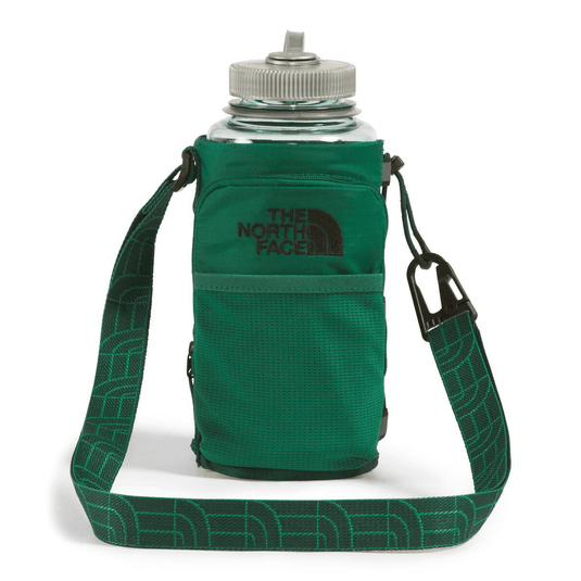 Green water bottle holder with strap featuring The North Face logo on a white background