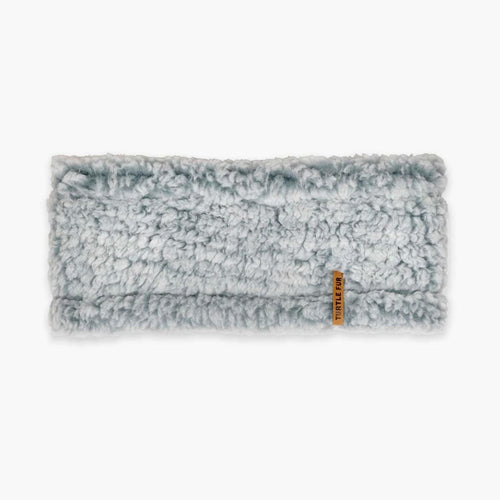 Gray sherpa headband with a brand tag on a white background