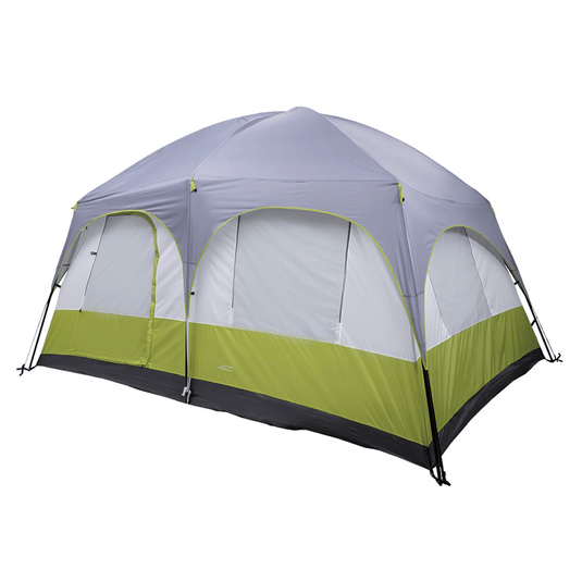 Camping tent with gray top and green bottom on a white background