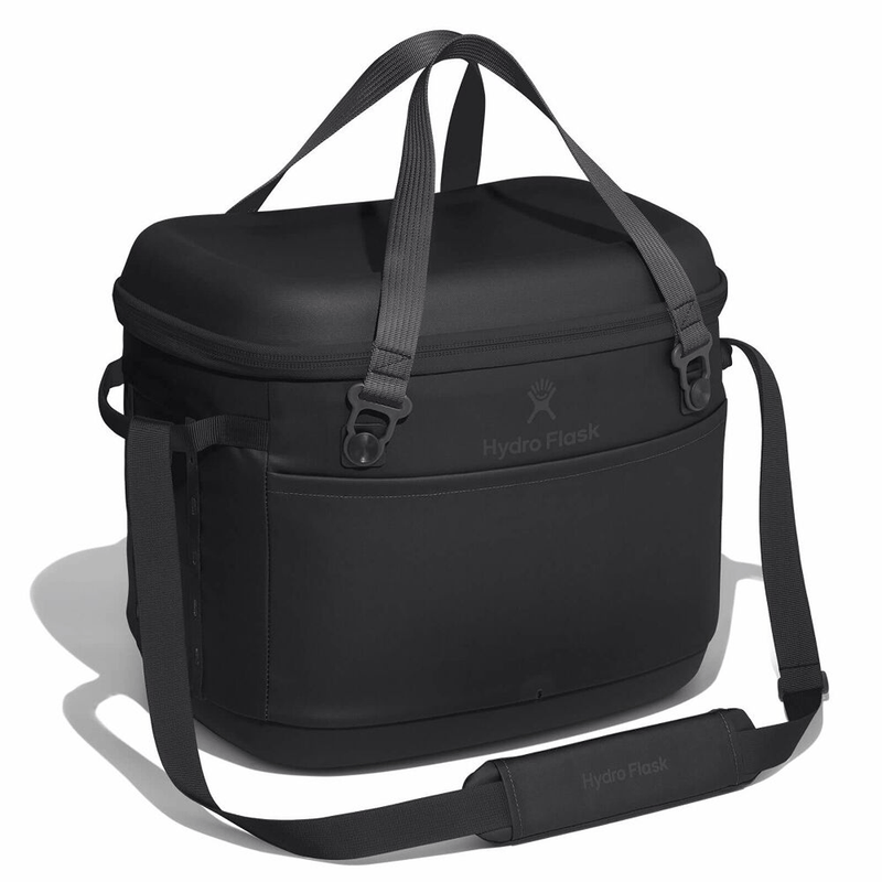 Load image into Gallery viewer, Black cooler bag with shoulder straps on a white background
