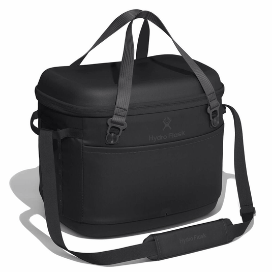 Black cooler bag with shoulder straps on a white background