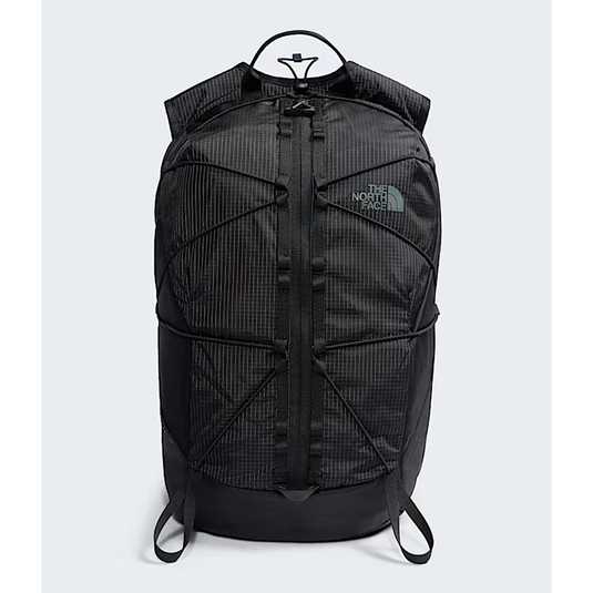 Black backpack with The North Face logo on a light gray background