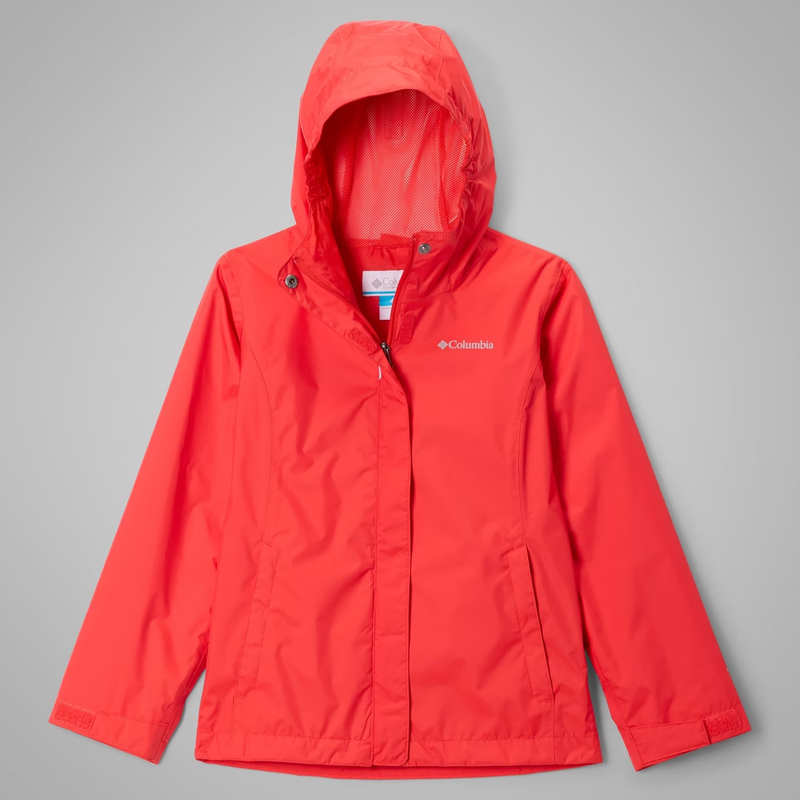 Load image into Gallery viewer, Red rain jacket with Columbia logo on a gray background
