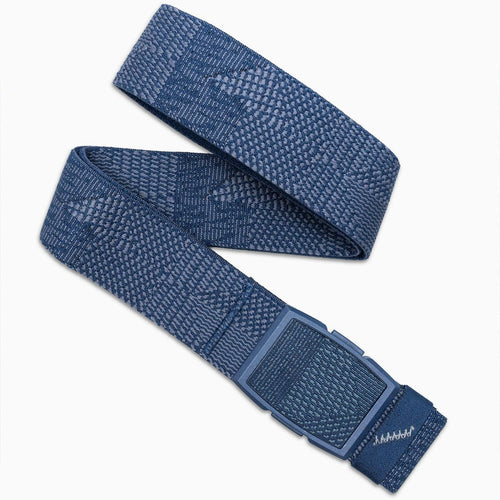 Blue woven belt with a plastic buckle on a white background