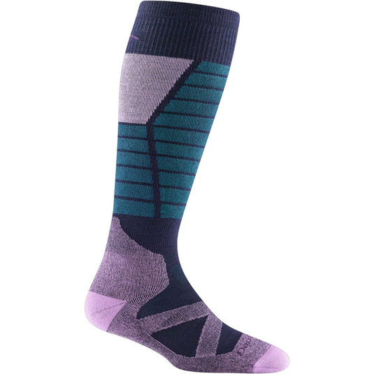 Knee-high sock with purple and blue pattern on a white background