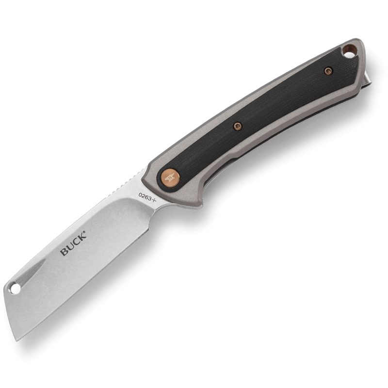 Load image into Gallery viewer, A Buck 263 folding pocket knife with a silver stainless steel blade and a black textured handle with bronze accents, shown on a white background.
