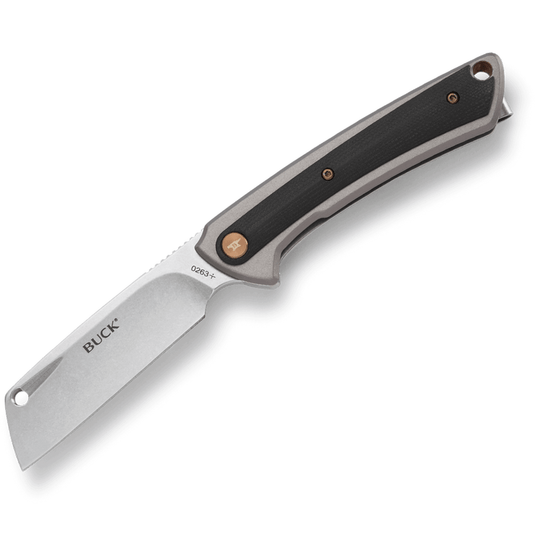 A Buck 263 folding pocket knife with a silver stainless steel blade and a black textured handle with bronze accents, shown on a white background.