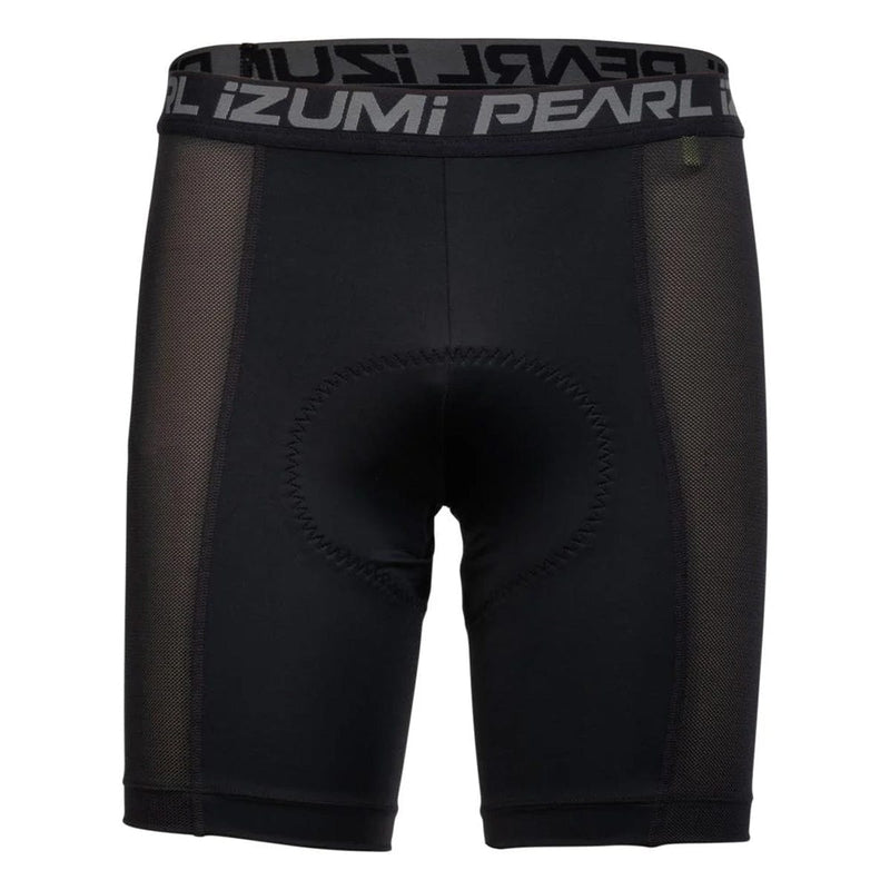 Load image into Gallery viewer, Black cycling shorts with mesh panels and Pearl Izumi waistband on a white background
