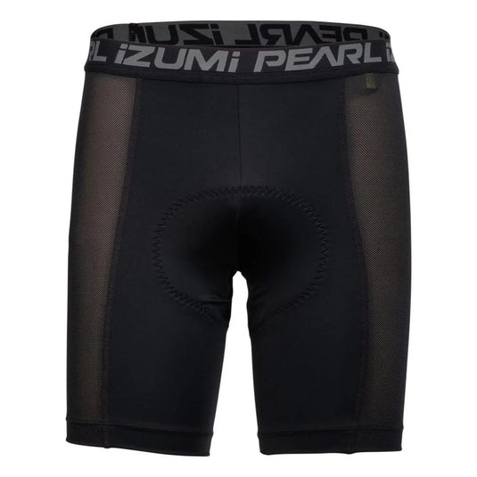 Black cycling shorts with mesh panels and Pearl Izumi waistband on a white background