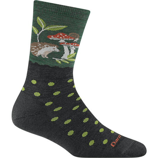 Sock with nature-themed design featuring a bear, mushrooms, and plants on a white background