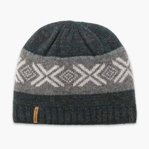 Knitted beanie with geometric pattern on a white background